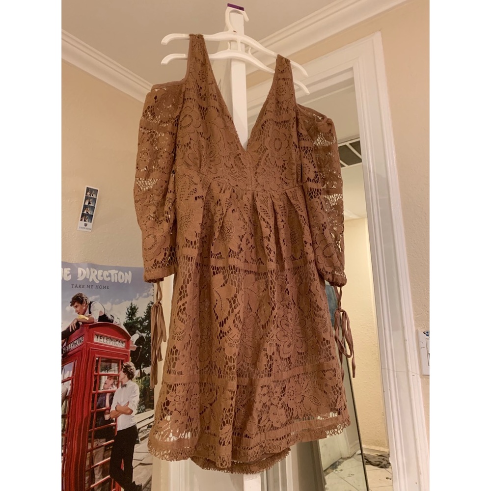 “Cold Shoulder” Tan Lace Mini Dress
